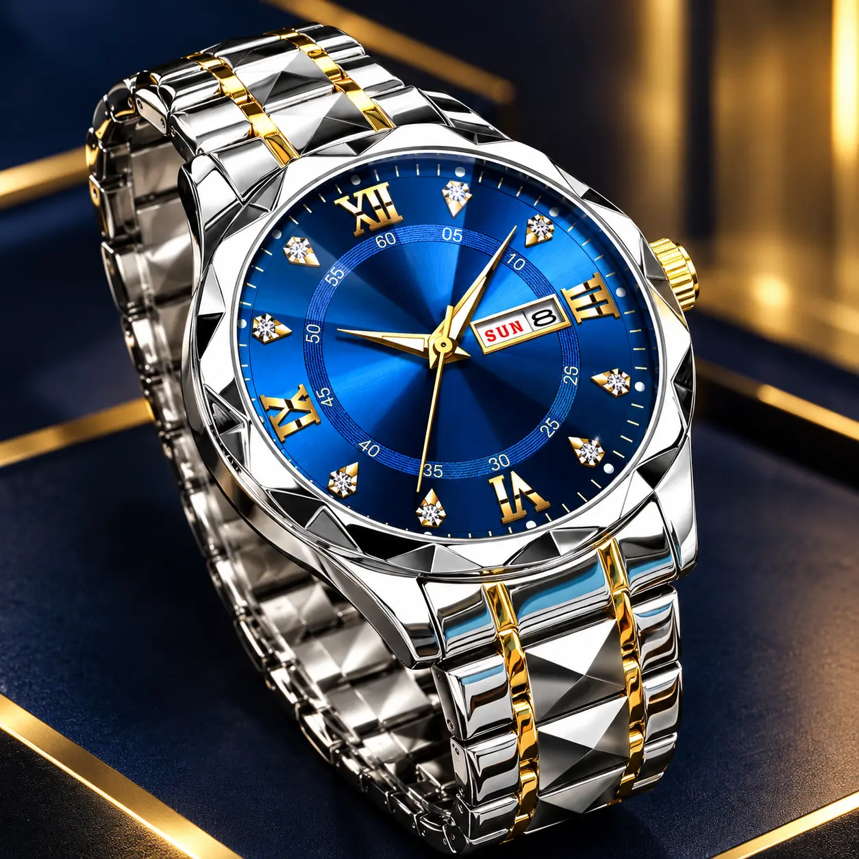 Luxury Blue and Gold Faceted Wristwatch